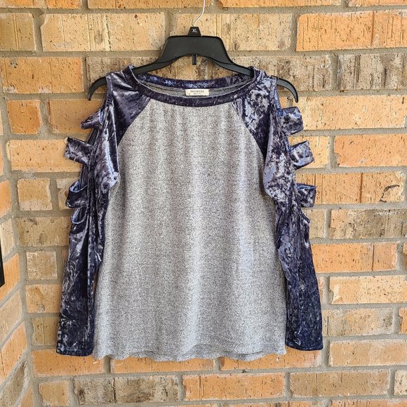 Promesa Women's Top Blouse Cold Open Shoulders Blue Gray Size S - Picture 5 of 8